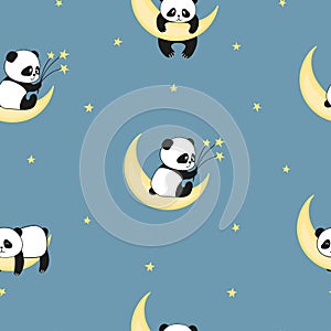 Seamless baby pattern with cute panda bear on the moon. Childish print