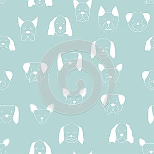 Seamless baby pattern with dog animal muzzles. Monochrome on a colored background.