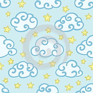 Seamless baby pattern with fluffy hand-drawn curved clouds and stars. Cute cartoon texture for children`s bedroom.