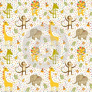 Seamless baby pattern with lion, giraffe, monkey and crocodile on white. Vector illustration with wild animals in jungle for kids.