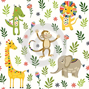 Seamless baby pattern with lion, giraffe, monkey and crocodile on white. Vector illustration with wild animals in jungle for kids.