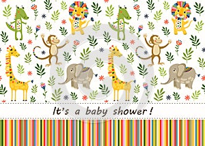 Seamless baby pattern with lion, giraffe, monkey and elephant. Illustration with animals in jungle for kids.