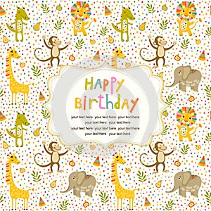 Seamless baby pattern with lion, giraffe, monkey and elephant. Illustration with animals in jungle for kids.