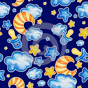 Seamless baby pattern with night sky with hand drawn watercolor elements star moon cloud and baby`s dummy