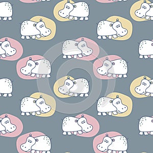Seamless baby patterns with funny hippos in bright colors. Vector illustration