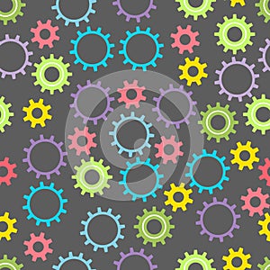 Seamless baby texture with colored gears on a dark background. Vector illustration.