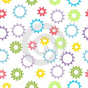 Seamless baby texture with colored gears on a light background. Vector illustration.