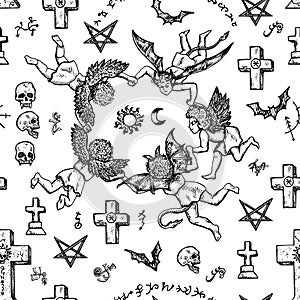 Seamless background with angels, demons and crosses.