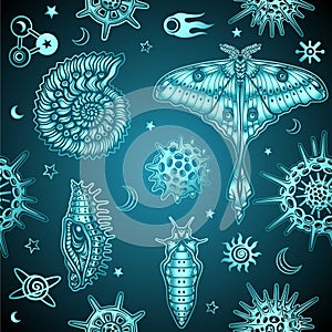 Seamless background: animation elements of wildlife - a butterfly, a shell, larvae, molecules, space symbols.