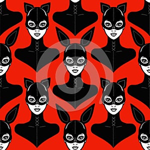 Seamless background - animation portrait of the bbeautiful girls in a latex suit and mask cat and rabbit.