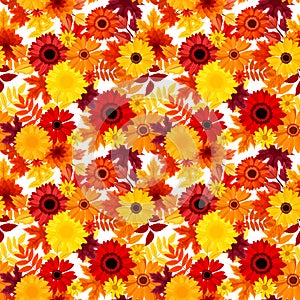 Seamless background with autumn flowers and leaves