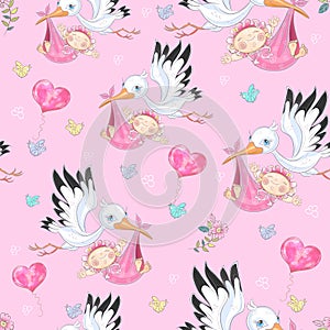 Seamless background for baby girl`s birth. Stork with baby girls. Vector