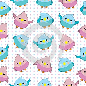 Seamless background of baby shower illustration with cute baby birds on pink and blue polka dot background