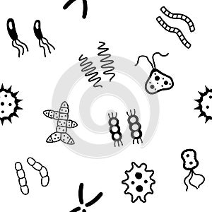 Seamless background of bacteria microbe virus microorganism icons. photo