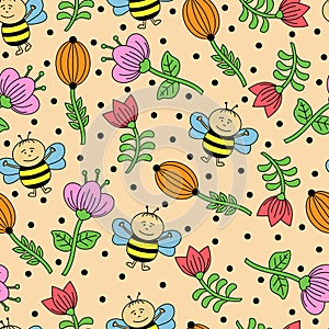 Seamless background with bees and flowers