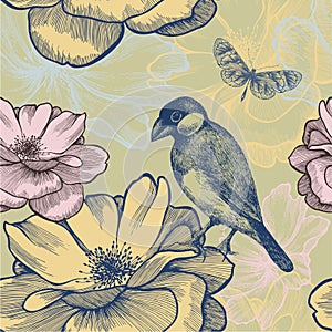 Seamless background with birds, roses and butterfl