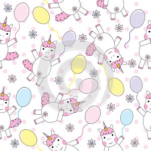 Seamless background of Birthday illustration with cute unicorn girl with colorful balloons on polka dot background