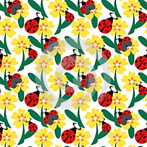 Seamless background of a blooming summer meadow with yellow flowers and a red ladybug on a white background