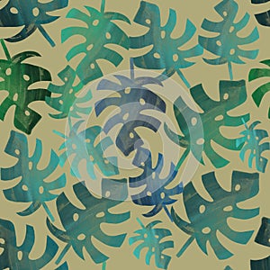 Seamless background with blue and green monstera leaves on beige. Summer tropical pattern. Packaging, wallpaper, textile, fabric d