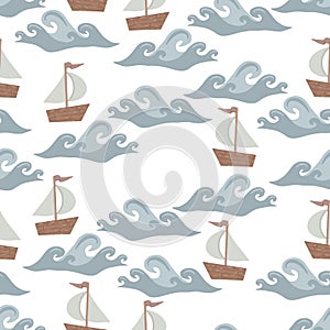 Seamless background with a boat on the waves. Childrens vector illustration in cartoon style. For clothes, covers, wallpapers,