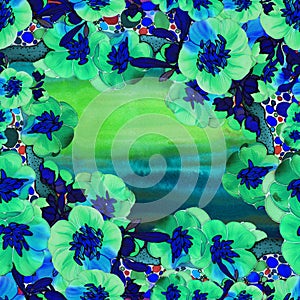 Seamless background. A branch of a tree in bloom. Spring red flowers. Drawing on the fabric. Frame of flowers. Use printed materia