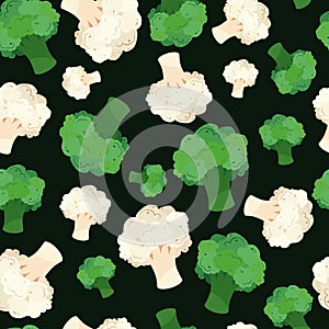 Seamless background of broccoli and cauliflower. The pattern. Delicious and healthy vegetables. Vegetarianism.