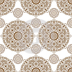 Seamless background with brown mehndi floral henna lace buta decoration items on white background in Indian style