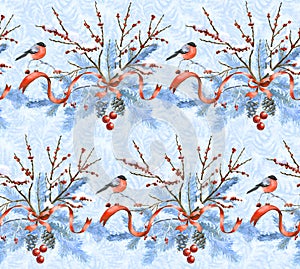 Seamless background with bullfinch