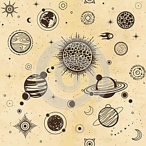 Seamless background: cartoon planets of solar system. Space symbols.