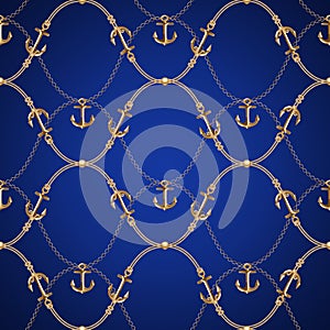 Seamless background with chains, anchors, rope, grid. Abstract pattern in nautical style. Marine motifs ornament