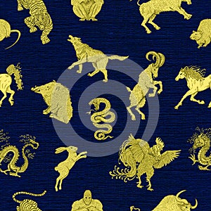 Seamless background with chinese zodiac animals on blue1