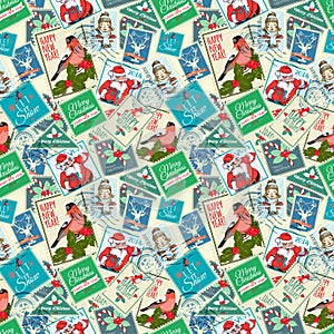 Seamless background of Christmas postal stamps