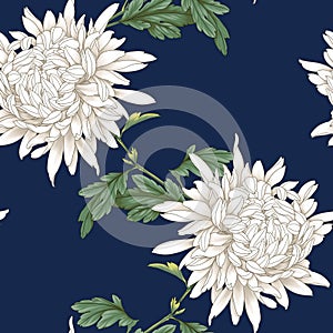 Seamless background with chrysanthemums and ornament on backdrop.