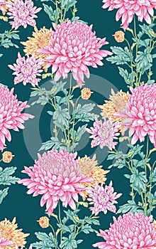 Seamless background with chrysanthemums and ornament on backdrop.