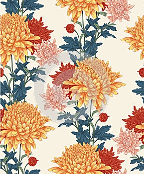 Seamless background with chrysanthemums and ornament on backdrop.