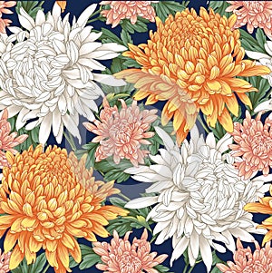 Seamless background with chrysanthemums and ornament on backdrop.