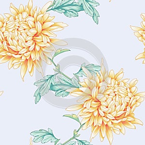 Seamless background with chrysanthemums and ornament on backdrop.