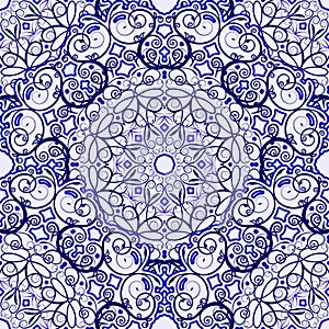 Seamless background of circular patterns. Blue ornament in ethnic style.