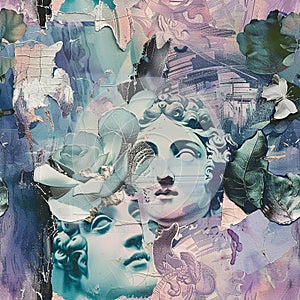 Seamless background in collage style of angels, antique statues, wings. Angelcore aesthetics