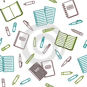 Seamless background with colorful outline of school supplies and office stationary