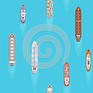 Seamless background of commercial cargo ships. Sea transportation vehicle. Transport boat.