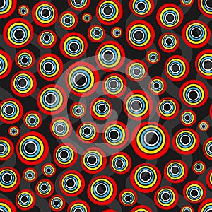 Seamless background of concentric circles in neon rainbow colors on black