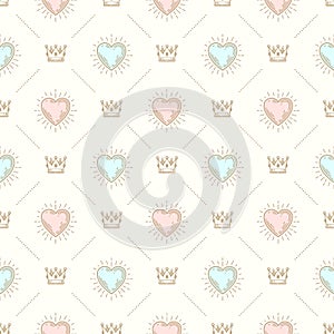 Seamless background with crown and hearts