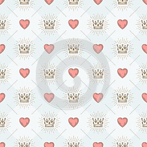 Seamless background with crowns and hearts