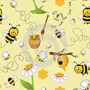 Seamless background of cute bee and honey elements