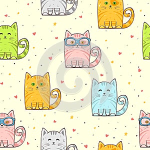 Seamless background with cute cats and hearts