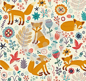 Seamless background with cute foxes and flowers