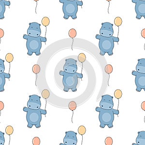 Seamless background cute little hippo with balloons.