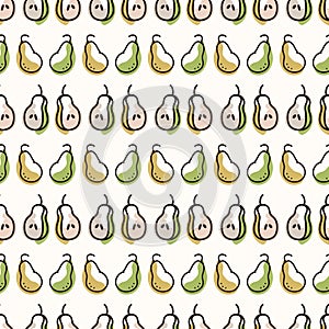 Seamless background cute pear. Gender neutral kid food pattern. Simple whimsical minimal earthy 2 tone color. Baby