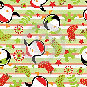 Seamless background with cute penguin and Xmas ornaments on stripes background suitable for children Xmas wallpaper, and scrap pa